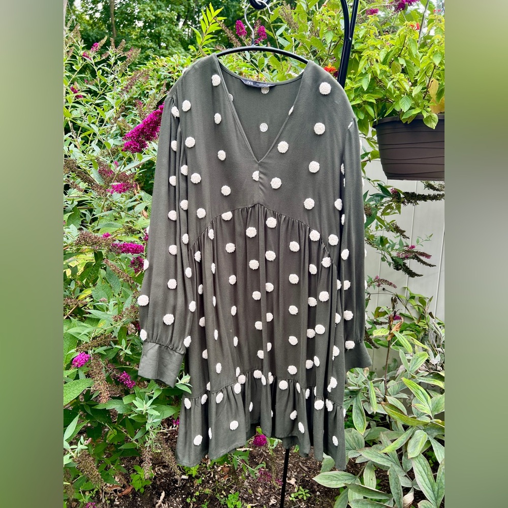 3D textured soft Polka Dot Olive Green Dress